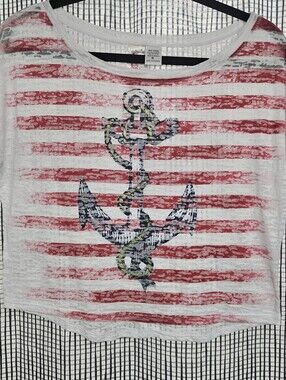 Fresh Brewed Girl Anchor USA Flag Crop Top Medium White Red Nautical Coastal Y2K